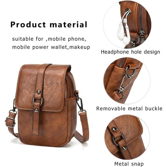 Women's Brown Vintage Cross Body Phone Bag Small Messenger Shoulder Handbag - Picture 7 of 7